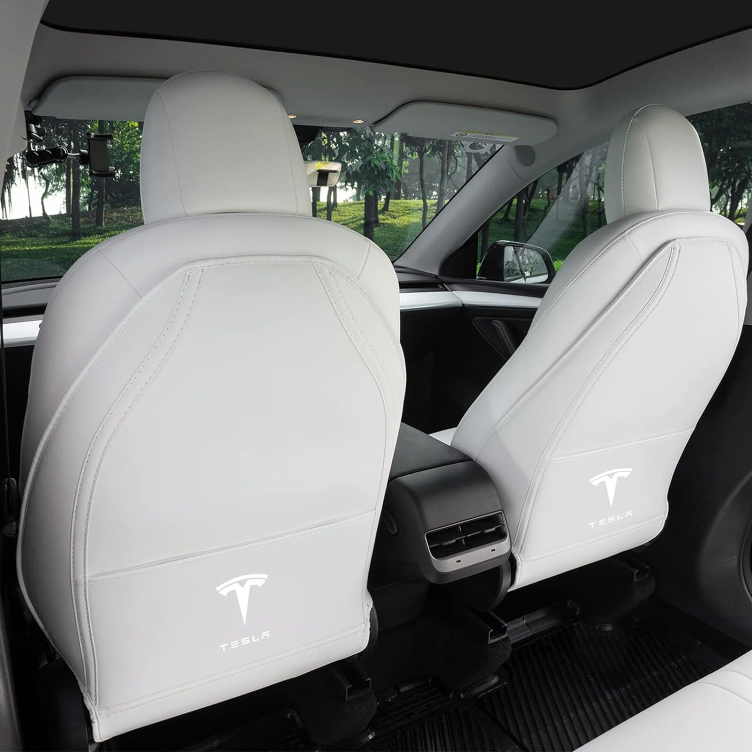 Car Seats Back Cover for Tesla Model 3/Y/S, Leather First Row Seats Back Cover with Pocket, Kick Mats Seat Protector Case, Set of 2, Wear-Resistant, Waterproof, Anti-Fouling
