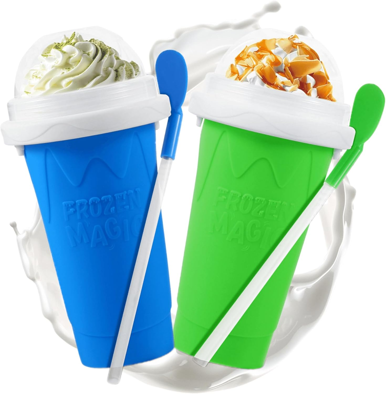 Slushie Cup, 2 Pack Slushy Maker Cup with Lid & Straw for Friends and Family, Portable Smoothie Squeeze Cup for Milk, Juices, and Ice Cream Make