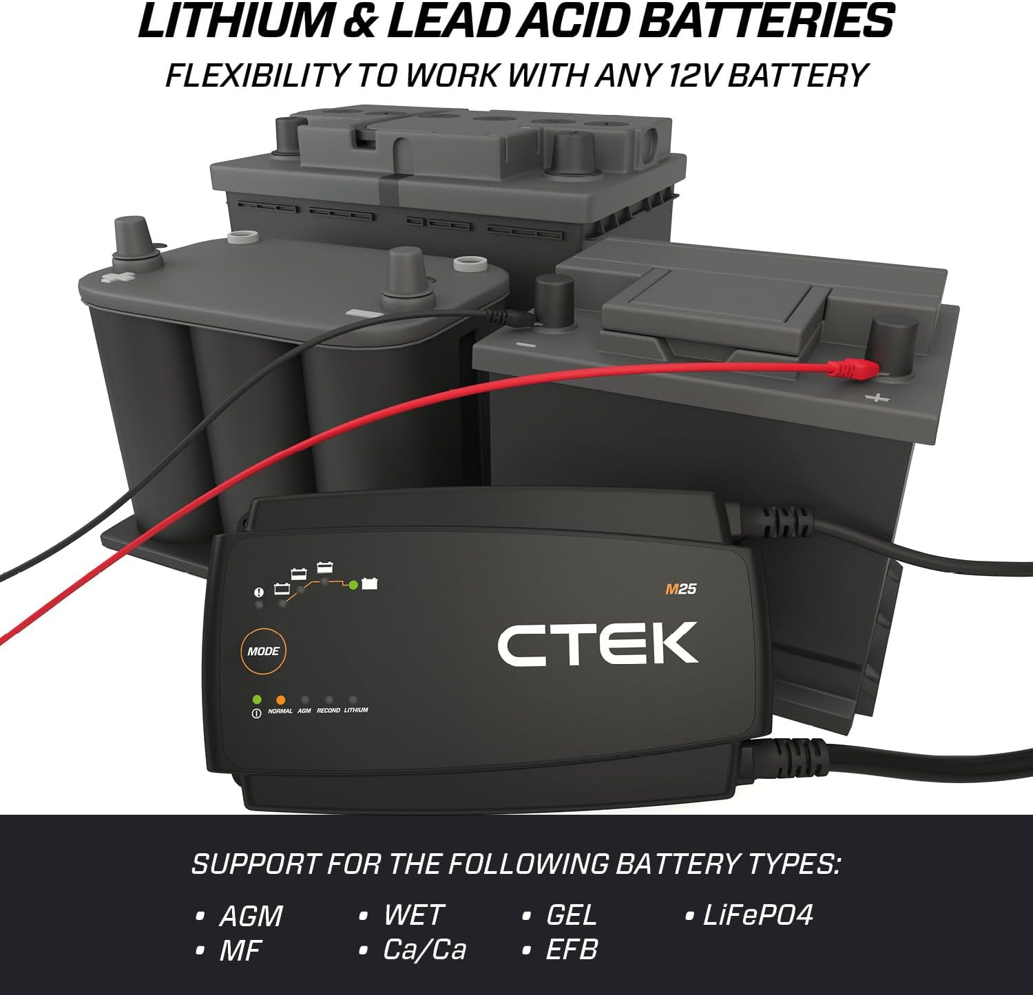 CTEK M25, Battery Charger and Power Supply 25A 12V for Larger Marine Batteries, Battery Tender and Maintainer, 12V Lithium Ion Battery Charger for Boats, with Reconditioning and AGM Modes image number 5