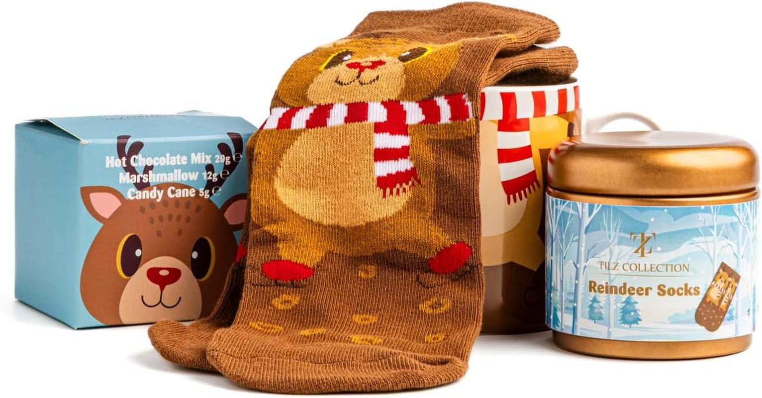 Hot Chocolate Gift Set with Mug, Socks and Candy Cane - Reindeer Set for Kids, Mini Cocoa Cups (With Socks)