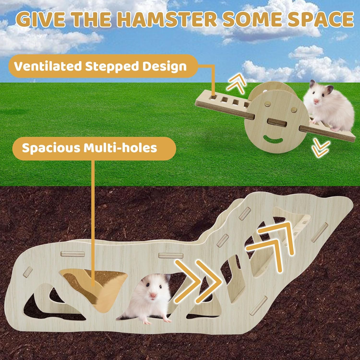 Wooden Hamster Tunnel&Seesaw, Small Pets Play Hamster Hideout, Exercise Hamster Climbing Ladder, Hamster House Accessories for Cages, Gerbils Mice or Similar-Sized Pets (Wooden) image number 5