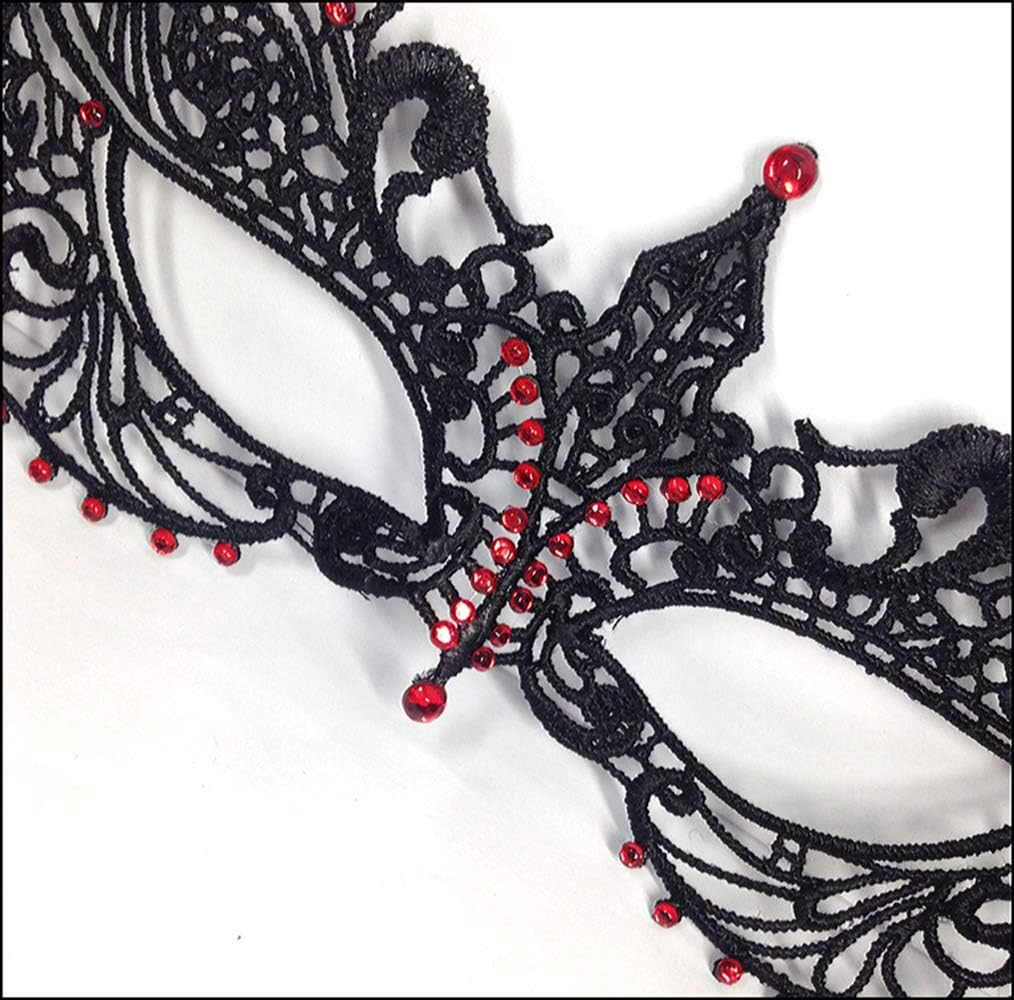 Imapo Masquerade Mask with Red Shiny Rhinestones, Sexy Mardi Gras Masks for Women Lady, Christmas Cosplay Venetian Party Prom Ball Lace Eye Masks - Black image number 2