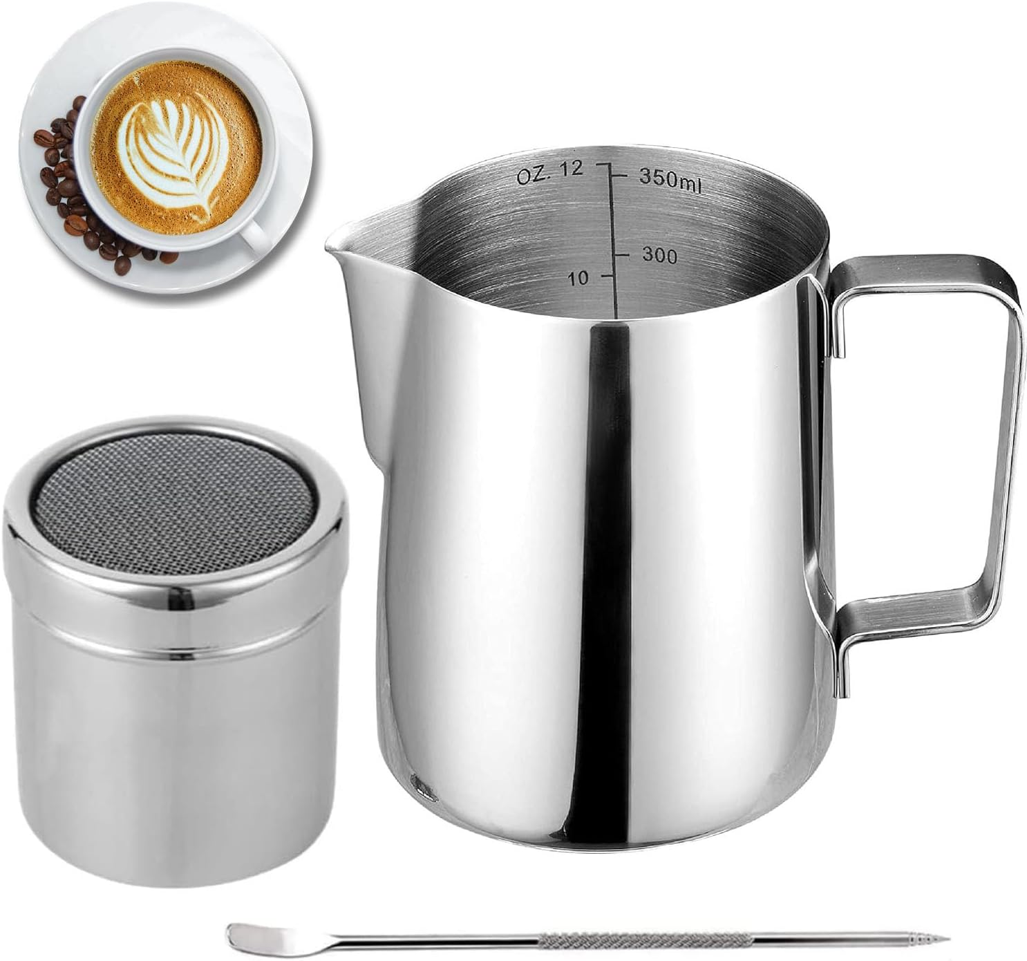 Milk Frothing Pitcher, 350Ml (12 Oz) Stainless Steel Milk Frother Steamer Cup Stainless Steel Espresso Cup with Latte Art Pen & Powdered Sugar Shaker Duster(12Oz)