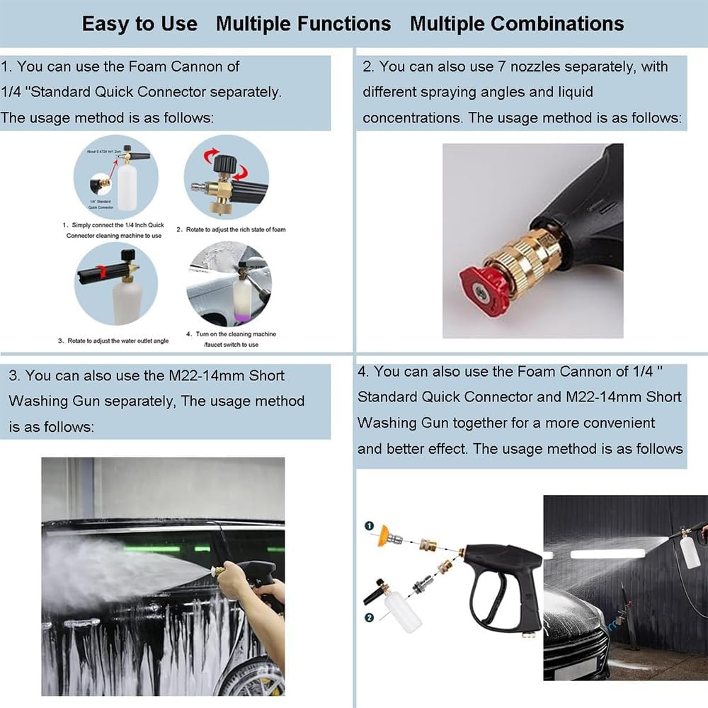 High Pressure Washer Gun and Foam Spray Gun Kit with 1/4&rdquo; Standard Quick Connector, M22 14 Mm Fitting Hose Connector with 5 Nozzle Heads at Different Angles for Car Floor Deck Windows Cleaning image number 2