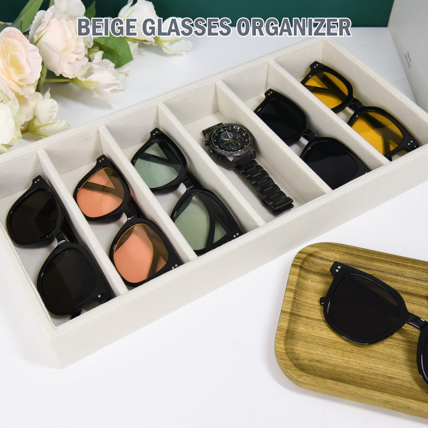 Sunglass Organizer Tray, Beige Velvet Glasses Trays, Eyeglasses Watches Jewelry Display Tray Box for Men Women (6 Grids Beige)