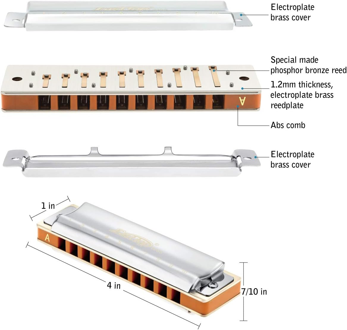 East Top Harmonica, 10-Hole 20 Tones Professional Diatonic Blues Harmonica Key of a with Silver Cover Probgrade Harmonicas for Professionals, Beginner, Students, Adults and Kids, as Best Gift image number 6
