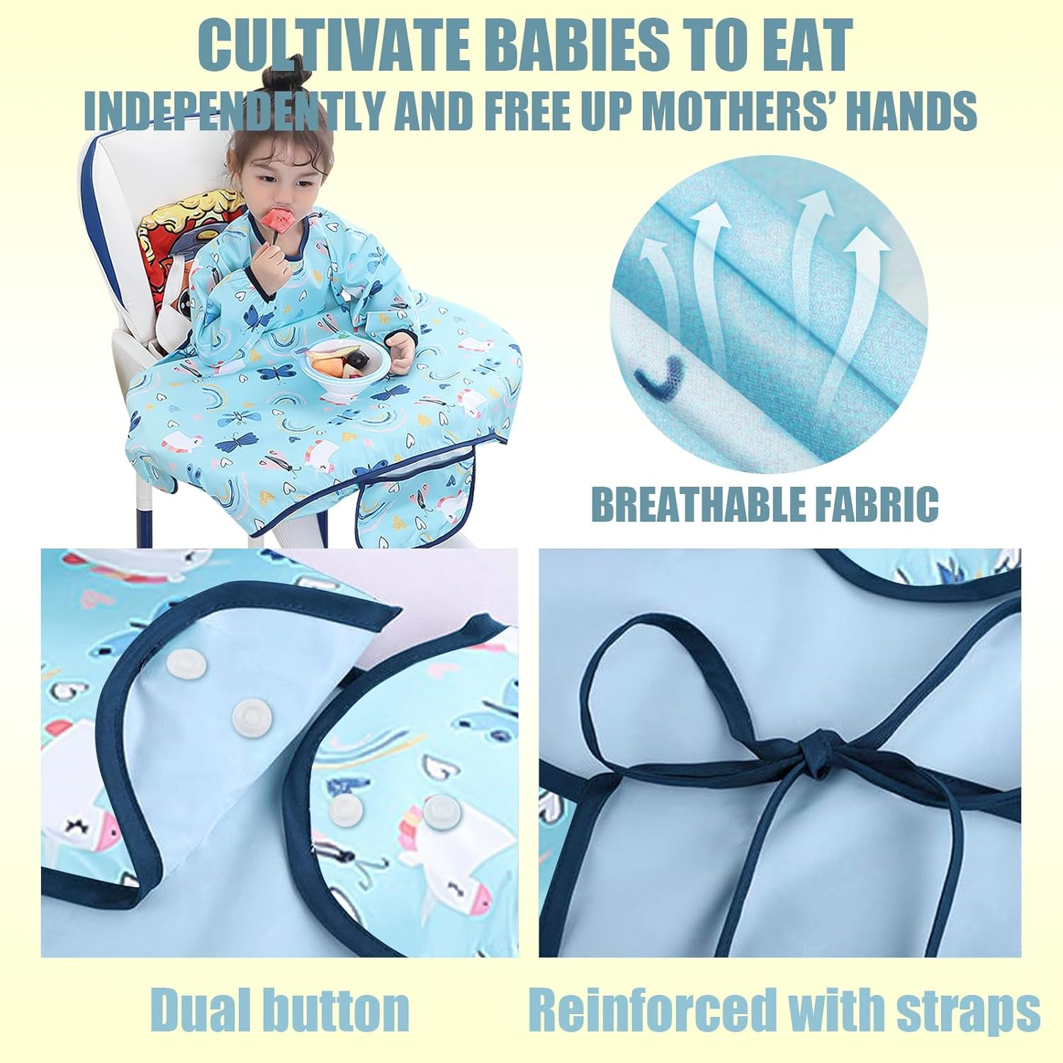 Coverall Weaning Bib with Long Sleeves, Attaches and Fully Cover to Baby Highchair, for 3-36 Months Baby Feeding, Waterproof and Easy to Clean & Machine, Soft and Skin-Friendly Materia, Blue, image number 5