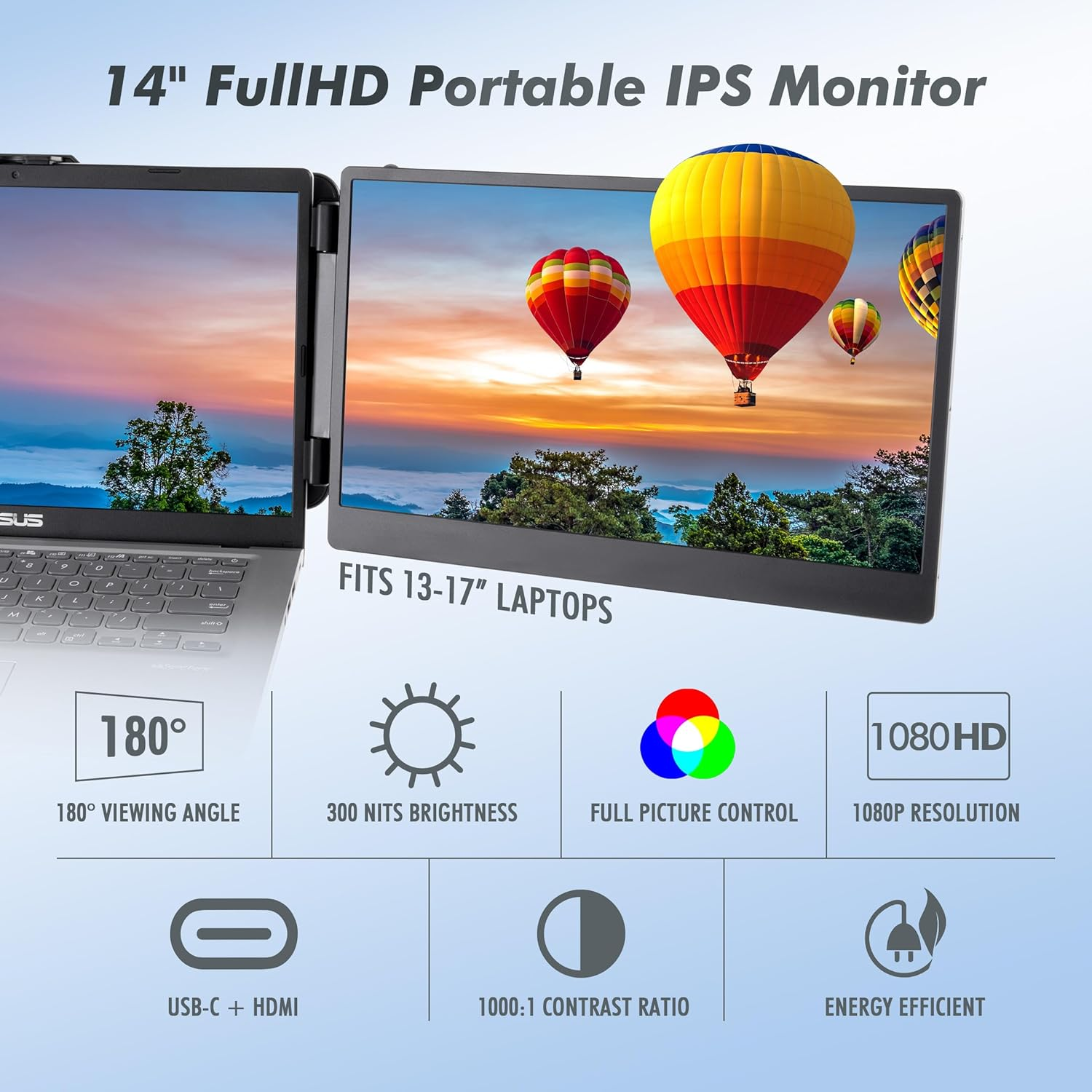 Full HD Portable Monitor for Laptop - 13.3&rdquo; Tri-Screen Laptop Monitor Extender with Single Cable Connection Capability - Laptop Screen Extender for 13&rdquo;-17&rdquo; Laptops - Works with Windows, Mac, Android