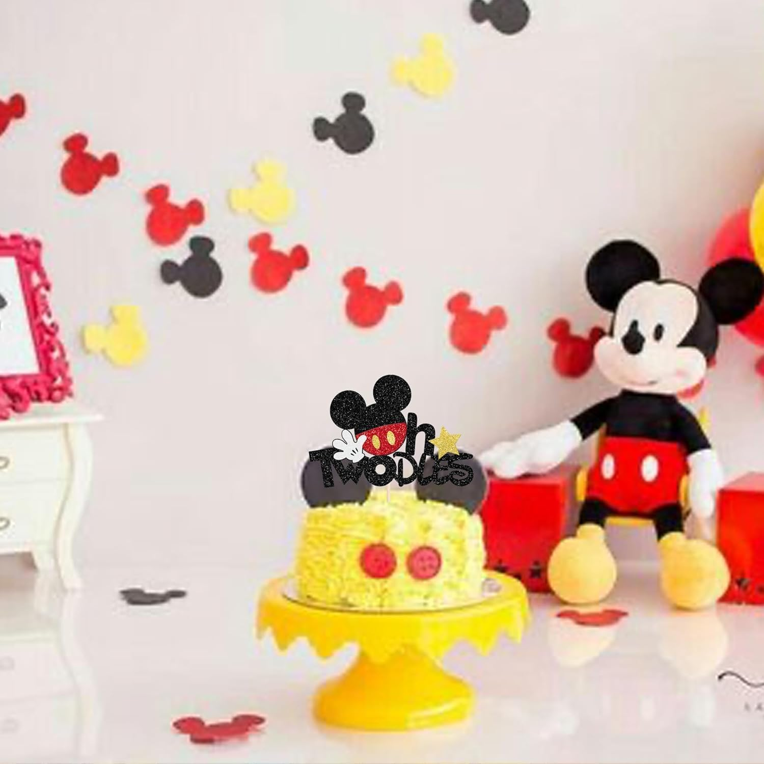 1 Pack Mouse Oh Twodles Birthday Cake Toppers - Glitter White Gloves Star Mouse Inspired Second Cake Pick for Baby Shower Kids Party Decorations Supplies Red (#4) image number 3