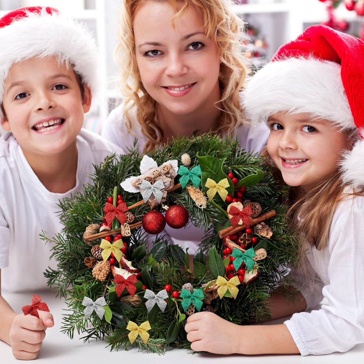 Syhood 150 Pcs Christmas Mini Bow Tiny Twist Tie Handmade Craft Ribbon Hair Small Holiday Bow Craft Supply for DIY Sewing Party Decor(Classic Color, Glitter) image number 6