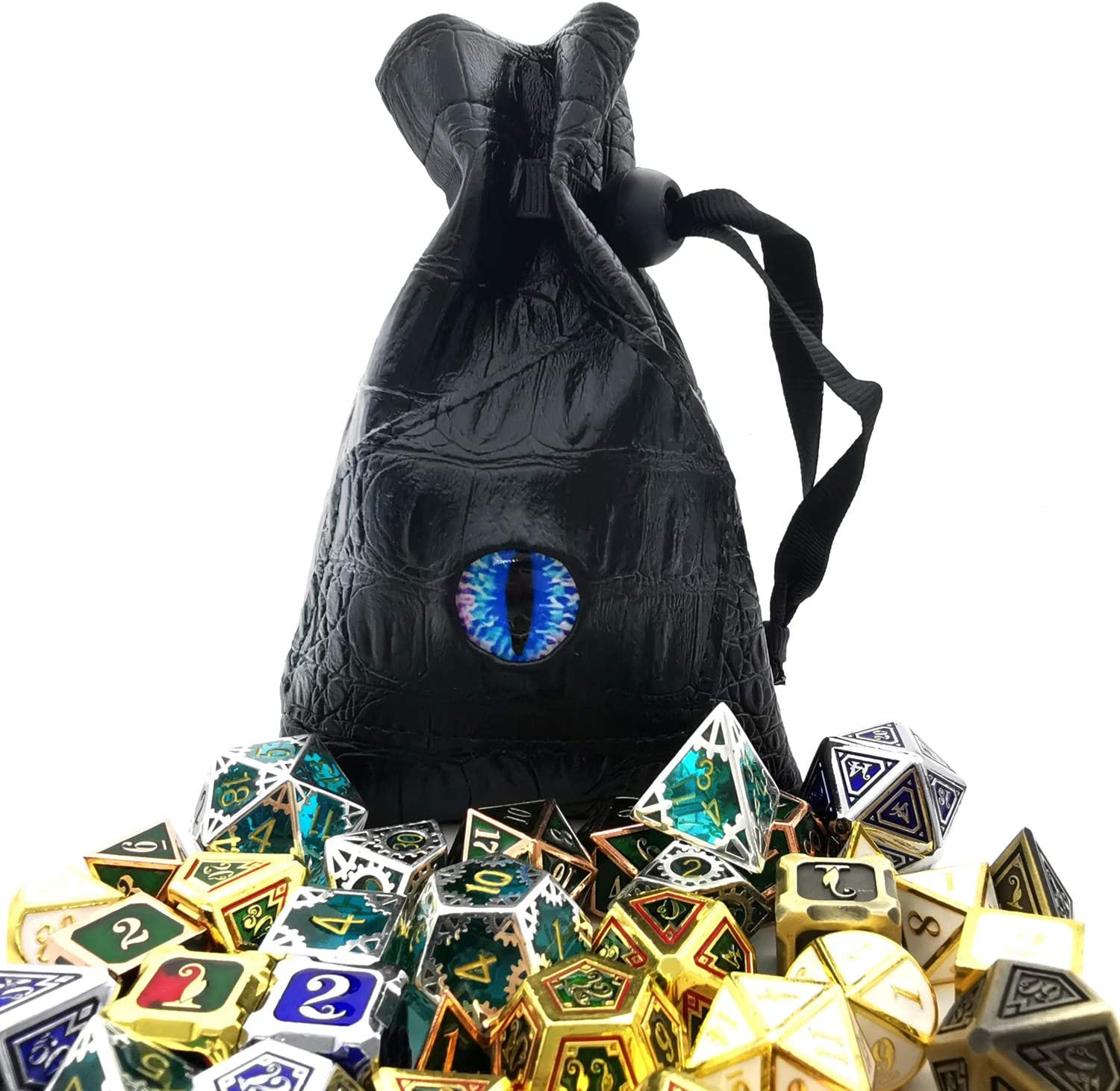 HAOMEJA DND Stuff Role Playing Dice Bag Drawstring Leather DND Dice Bag, Storage Bag Black Blue Eye image number 1