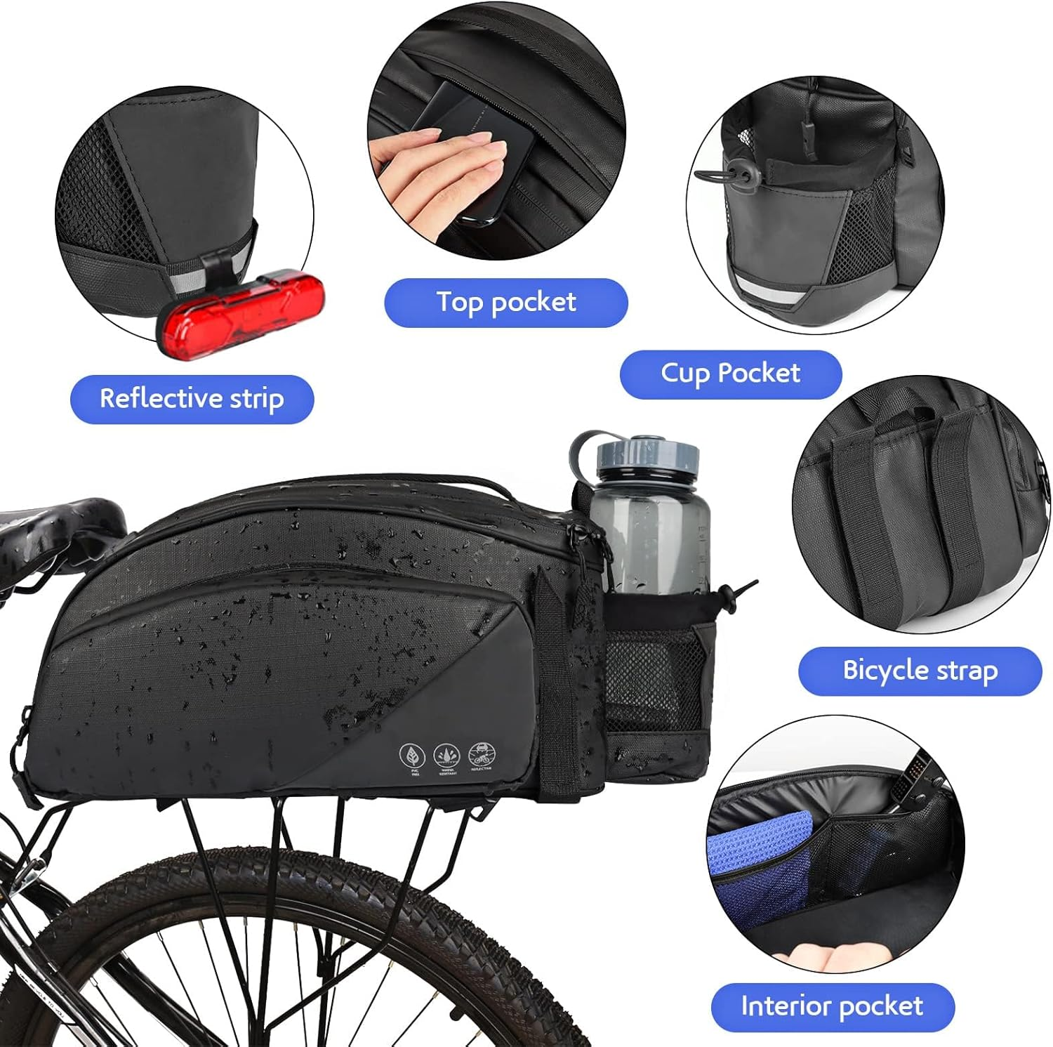 QYCHHJ 12L Bike Bags for Bicycles Rear Rack, Reflective Bike Rack Bag with Water-Resistant Zippers, Waterproof Bike Trunk Bag with Side Pockets Pannier Bag for Bike Accessories image number 3