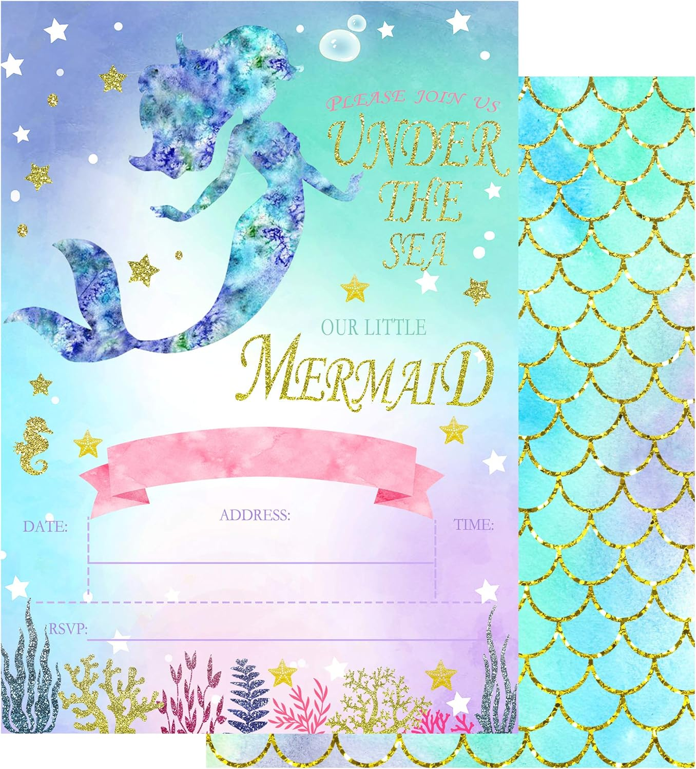 Mermaid Invitations with Envelopes,Magical Glitter Mermaid Party Invitations,20 Fill in Mermaid Birthday Invitation under the Sea Invitations image number 4