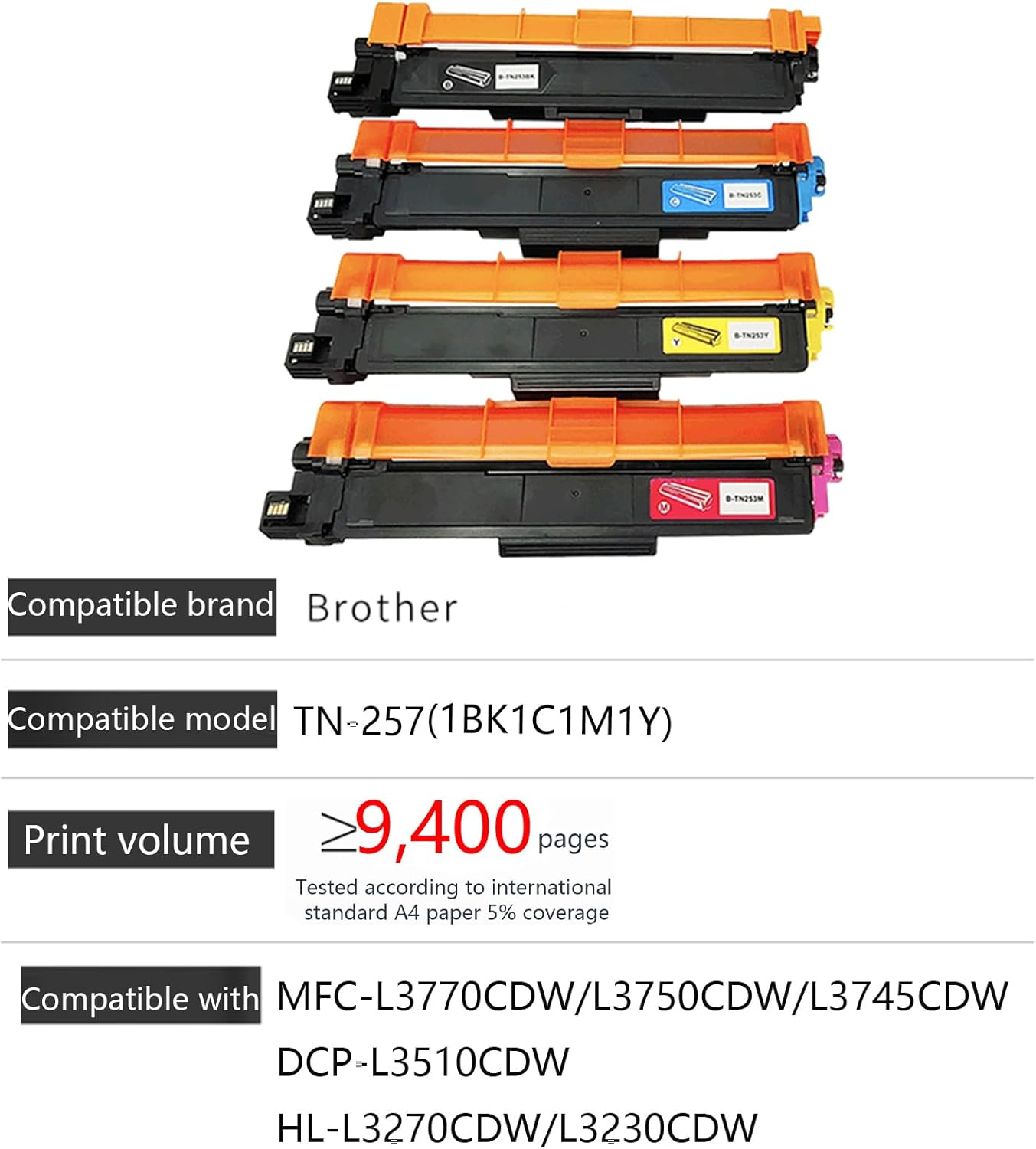 JOJOBE Planet TN-257(1BK1C1M1Y) Compatible Toner Cartridge with Brother MFC-L3770CDW L3750CDW L3745CDW DCP-L3510CDW HL-L3270CDW L3230CDW,BK 2500 Pages ,CYM 2300 Pages per Cartridge 4 Pack (1BK1C1M1Y) image number 1