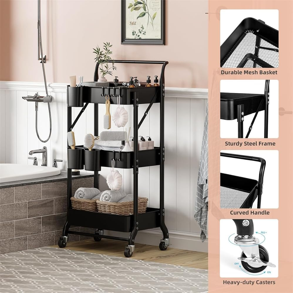 Foldable Storage Cart 3 Tier Rolling Cart with Wheels No Assembly Required Folding Metal Rack Organizer for Living Room, Kitchen, Bathroom, Bedroom and Office,Foldable Rolling Rack image number 3