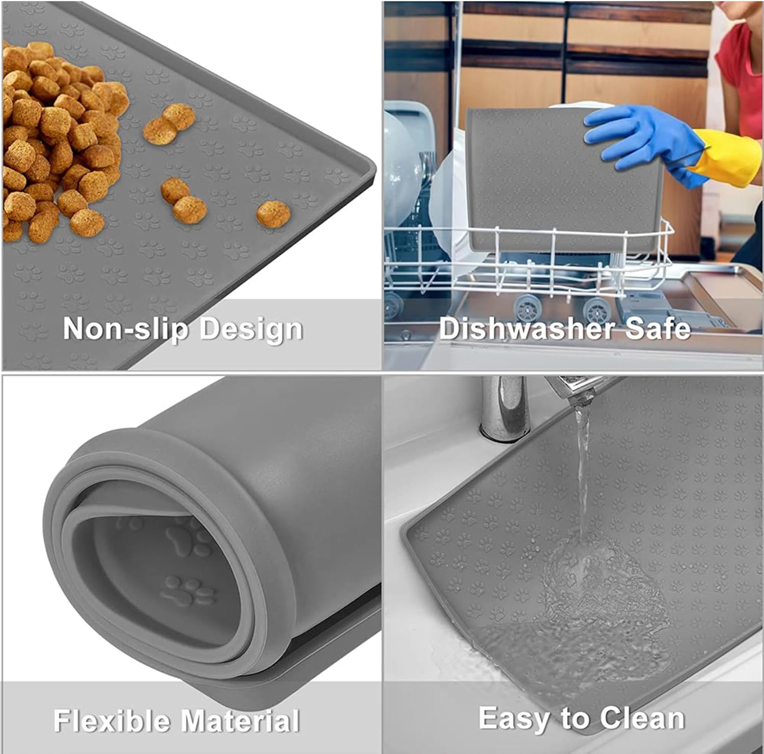 Silicone Waterproof Pet Feeding Mats, Food Mats, Pet Placemat for Dog and Cat, Mat for Prevent Food and Water Overflow, Non Slip, Washable, Easy Clean, Paw Pattern(Grey) image number 6