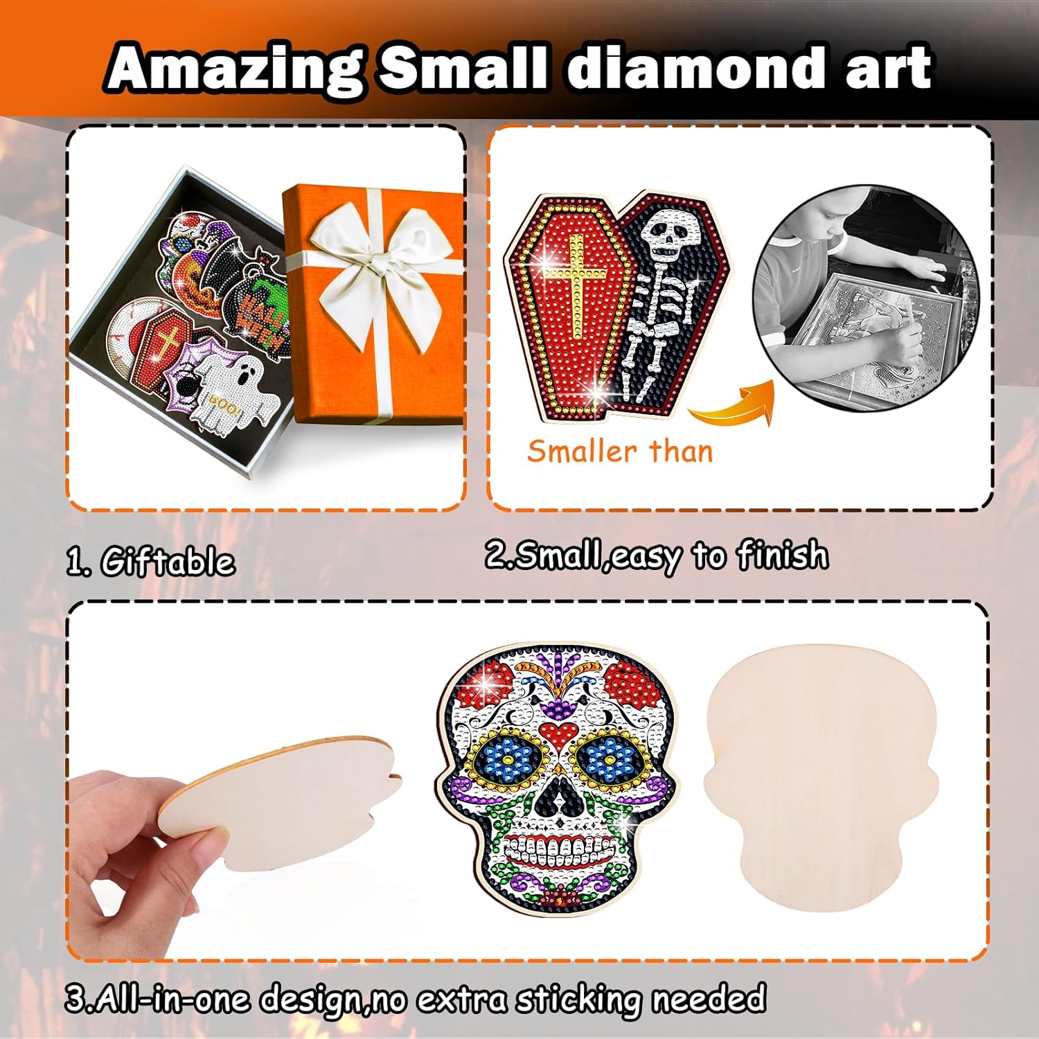 8 Pcs Halloween Diamond Art Kits for Adults, Skull Crafts Coasters and Accessories image number 5