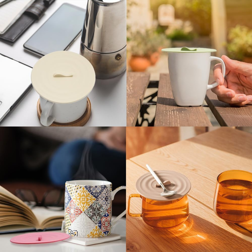 6 Pcs Silicone Lids for Cups, Morandi Colored Cup Covers for Drink, Anti-Dust Seal Airtight Cup Cover with Spoon Holder, Universal Cup Lids for Mug Tea Cup Coffee Cup Glass (Style 2) image number 3