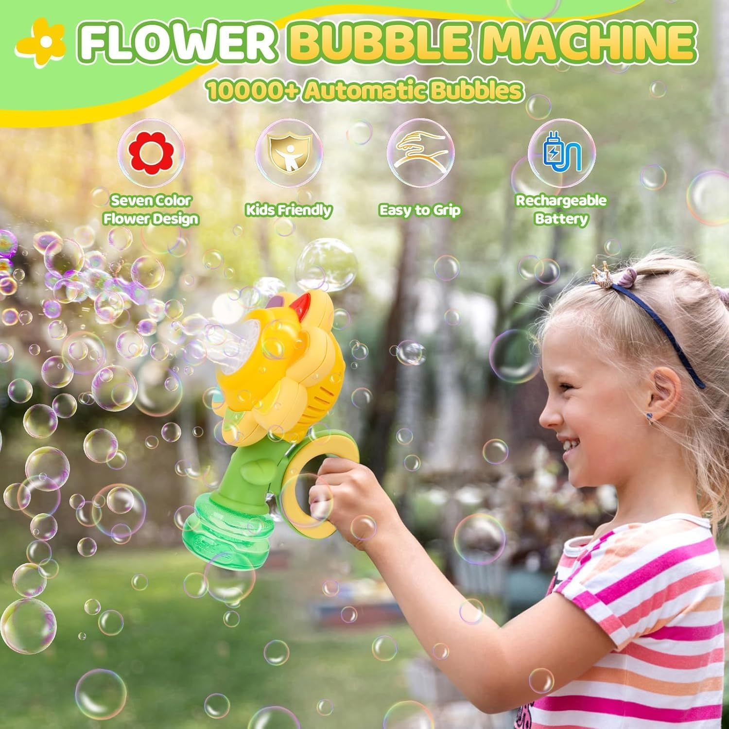 Bubble Machine for Kids, Rechargeable Dancing Sunflower Bubble Maker, Light up Automatic Bubble Blower Toys for Baby Childrens Girls Gift, Bubble Blaster Party Favors, Bonus 10 Pack Bubble Solution image number 5