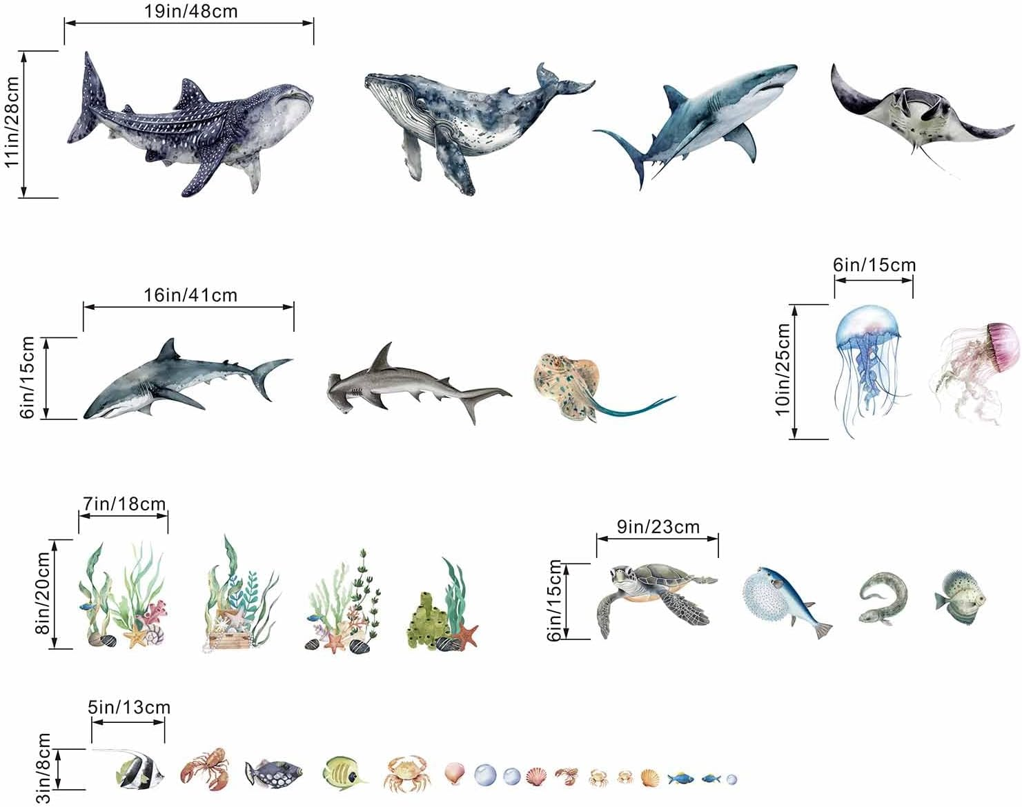 3 Pieces under the Sea Wall Decals - Marine Theme Shark Whale Fish Sea Turtle Ocean Wall Stickers - Bathroom Baby Nursery Kids Bedroom Daycare Wall Decor image number 2