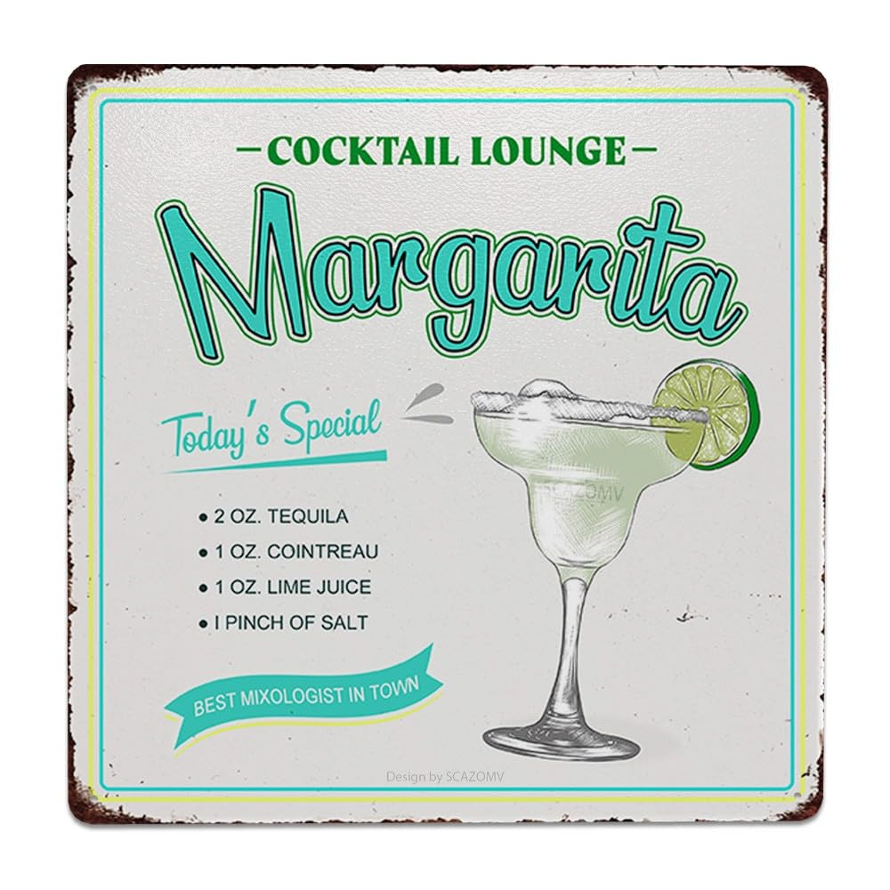 Cocktail Poster Vintage Metal Signs, Blue Lagoon Cocktail Recipes Tin Sign Decoration Bar Accessories Hanging Crafts Home Kitchen Pub Man Cave Wall Art Decor 8X8 Inch