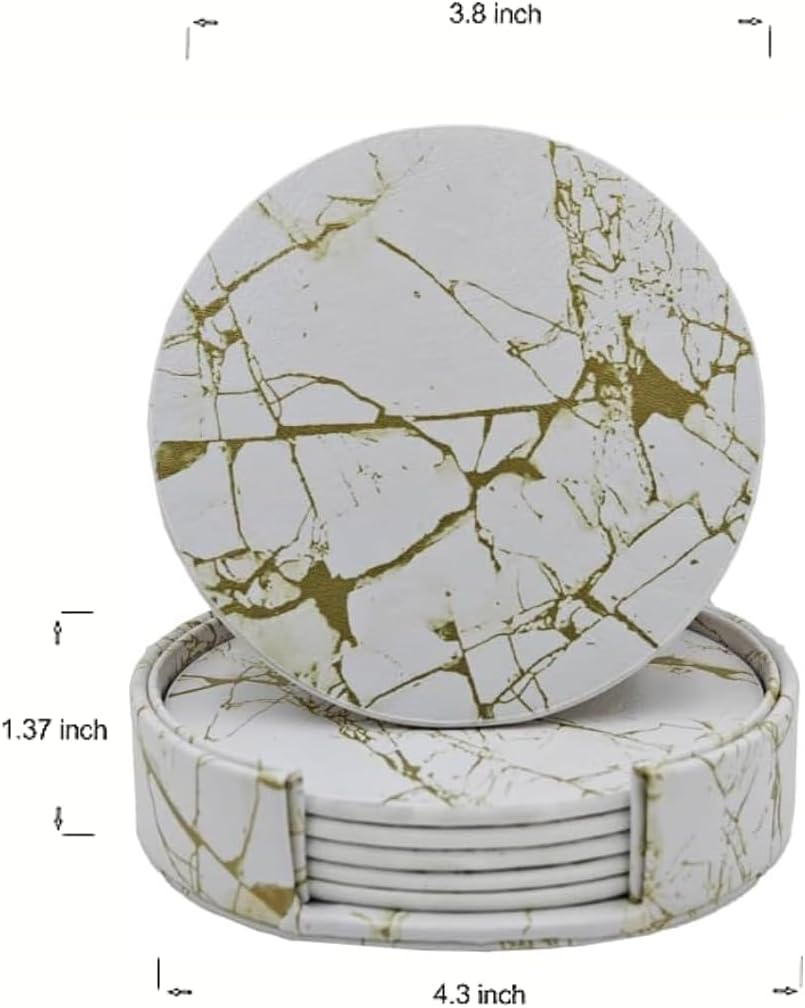 Vmila Leather Coasters for Drinks, 4" Drink Coasters Set of 6 with Holder for Tabletop Protection, Handmade Luxurious Home D&eacute;cor and Housewarming Gift (White Gold Marble Coaster) - White image number 4