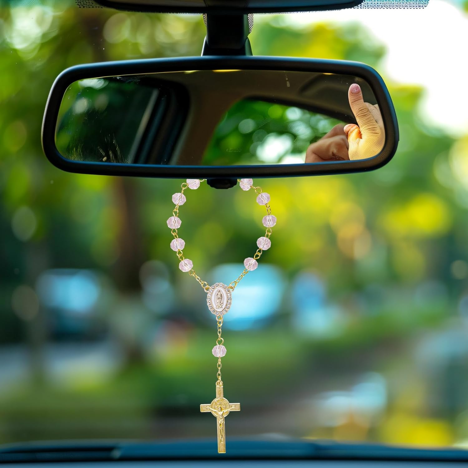 Car Rosary for Rearview Mirror, Car Rosary with Cross Pendant Religious Gift Catholic Hanging Accessory for Rear View Mirror image number 4