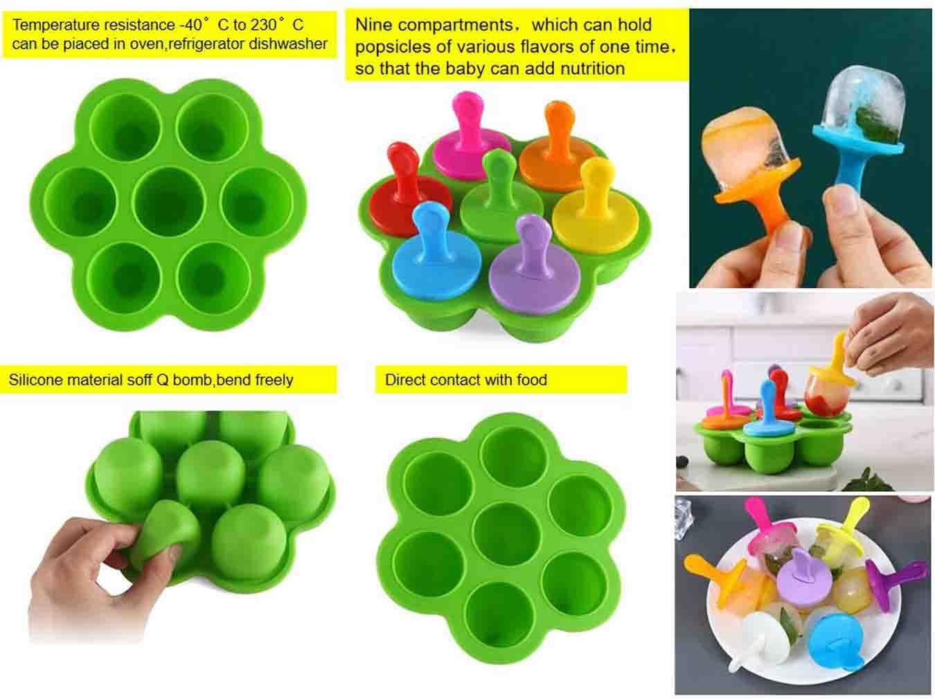 Mini Silicone Popsicle Mold, Food Storage Container 7-Cavity DIY Ice Pop Mold with Colorful Plastic Sticks Non-Stick Ice Cube Trays (Green) image number 1