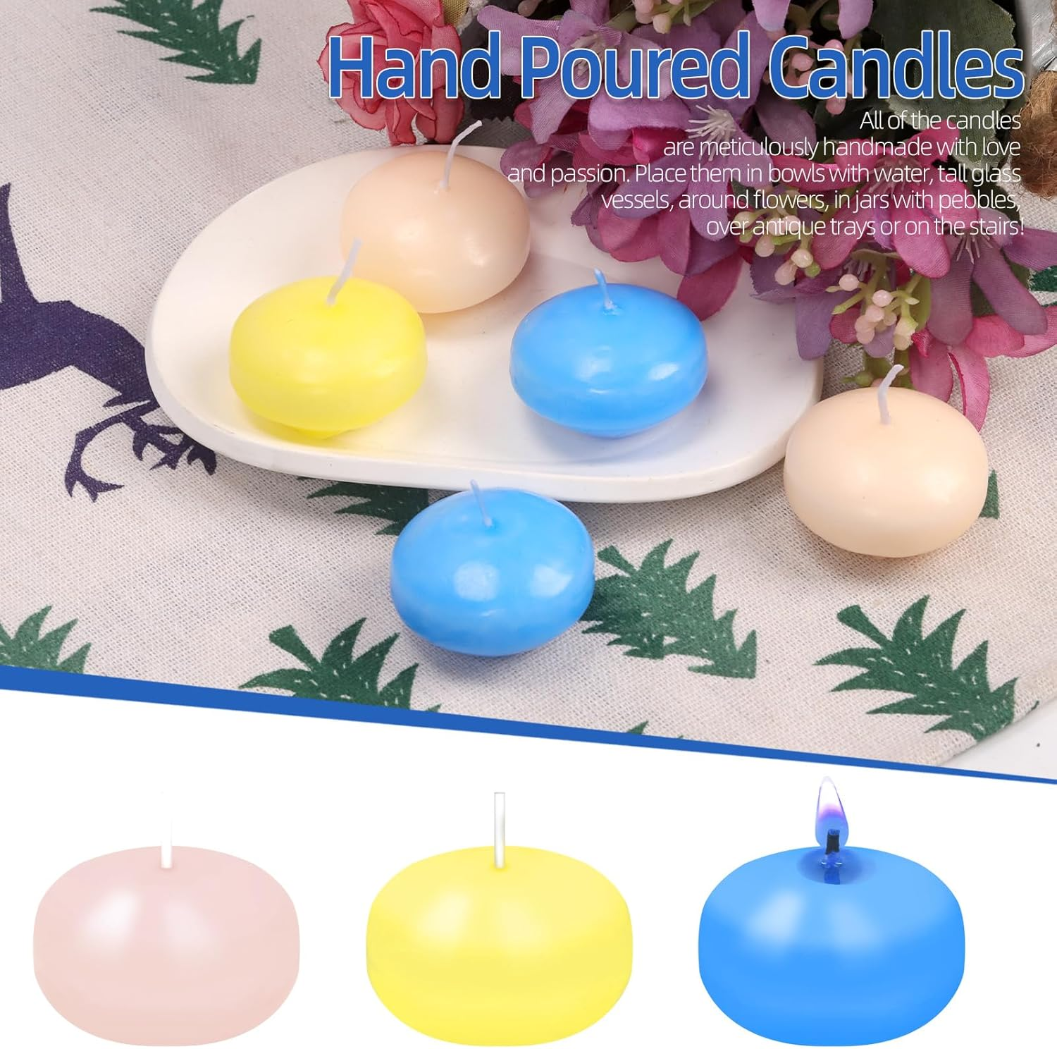 Glarks 18Pcs 3 Colors Floating Candles Set 1.4In Ivory-White, Yellow, Blue Floating Disc Candle Water Tealight Candles for Centerpieces at Halloween Fall Wedding Dinner Party Spa Treatments image number 1