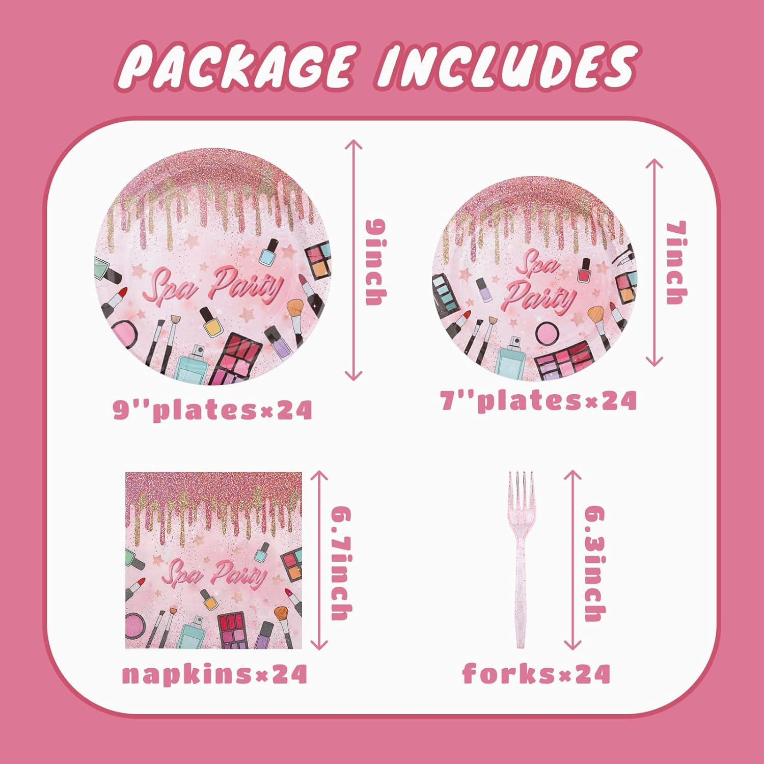 Spa Party Tableware Set, Spa Day Decorations Makeup Birthday Party with Plates Forks Napkins Spa Theme Supplies Kit for Girls Kids, Serves 24 image number 1