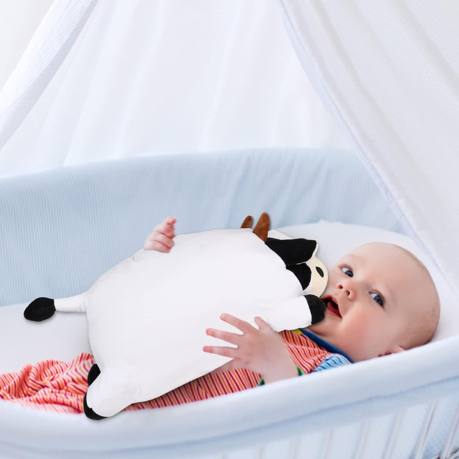 Cow Stuffed Animals Plush Throw Pillow, 13.7" Cute Super Soft Plushies Body Pillow, Kawaii Squishy Cow Plush Toy for Kids Children Xmas Birthday Gifts (Smiling Eyes) image number 3