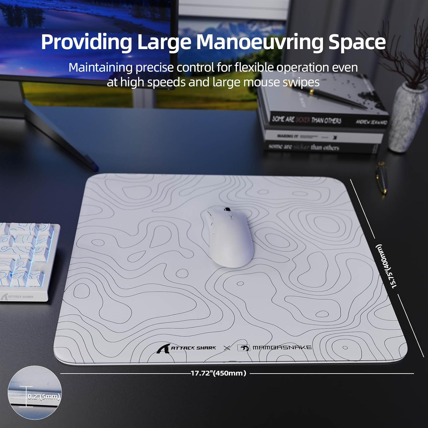 ATTACK SHARK CM05 Large Glass Gaming Mouse Pad - 450X400Mm Nano-Textured Glass for Precision & Speed, Anti-Slip PU Base, 9H Hardness, Smooth & Durable - Suit for Precision Gaming Mice - White Contour image number 4