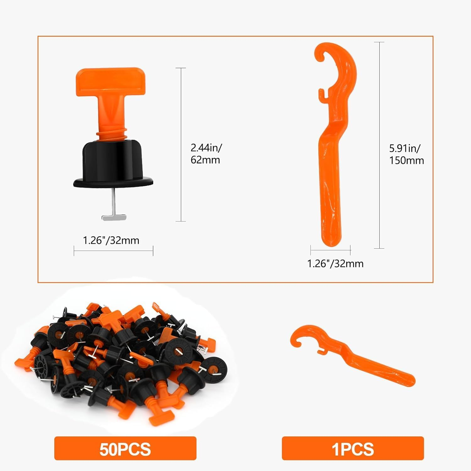 50Pcs Tile Leveler Spacers, Reusable Tile Leveling System Kit with Special Wrench, Tile Installation Tool Kit for Building Walls & Floors
