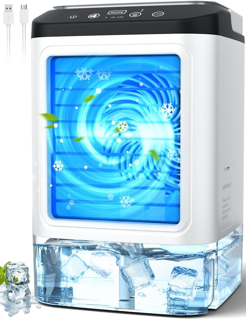 4-IN-1 Portable Air Conditioner, 3 Speeds & 2 Spray Modes, 900ML Tank, Boosting Mode, 25Db USB Powered Mini Cooler, Humidifier, Cooling Fan, 7 Night Light, Evaporative Air Cooler for Room Home image number 5