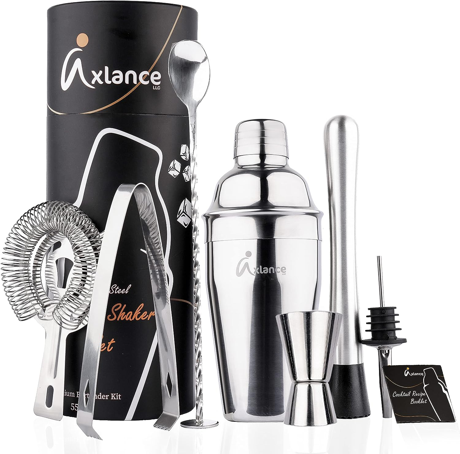 Cocktail Shaker Set 8 Pcs in Premium Packaging - Complete Cocktail Set - High Grade 304 Stainless Steel - 550Ml Cocktail Kit, Double-Sided Jigger - Including Cocktail Recipes Bonus image number 2