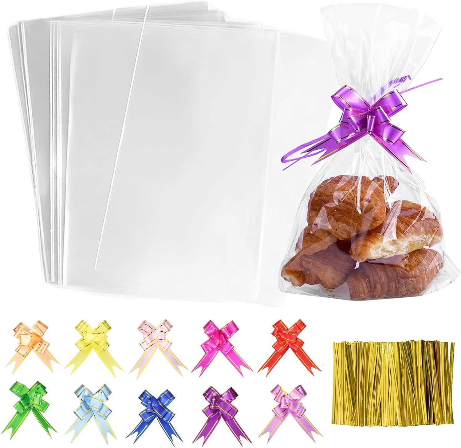 Transparent Cellophane Bag, 100 Pcs Cellophane Treat Bags with Twist Ties and Bows, Plastic Transparent Bags for Favor Candy Cookies (23Cm X 12.5Cm /9 * 4.9 Inches) image number 3