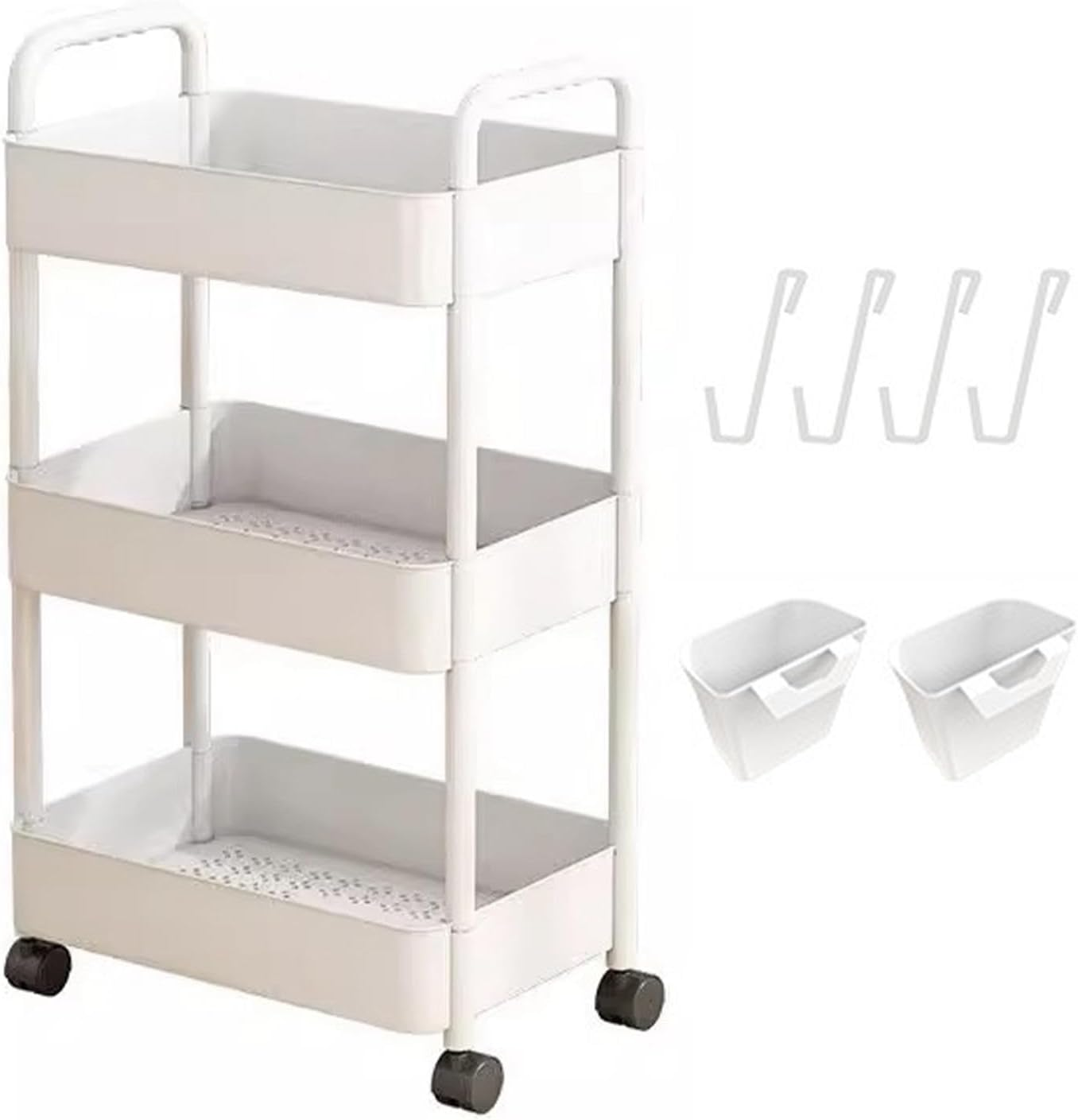 3-Tier Rolling Utility Cart with Lockable Wheels, White Multi-Purpose Storage Organizer with Handle Anf Easy Assembly, for Kitchen, Office, Nursery, Living Room, White image number 3
