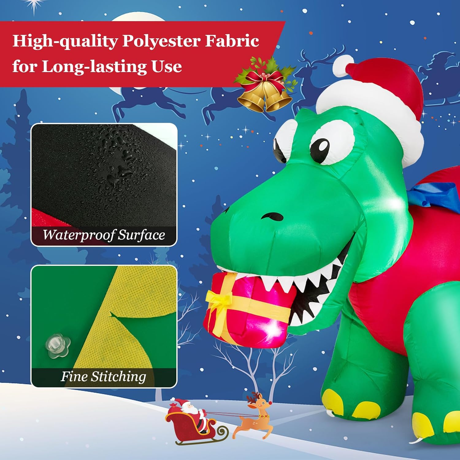 Costway 1.83M Christmas Inflatable Dinosaur, Inflatable Christmas Decoration with LED Lights, Gift Box & Waterproof Blower, Tall Indoor Outdoor Holiday Decoration for Yard, Party, Lawn image number 6
