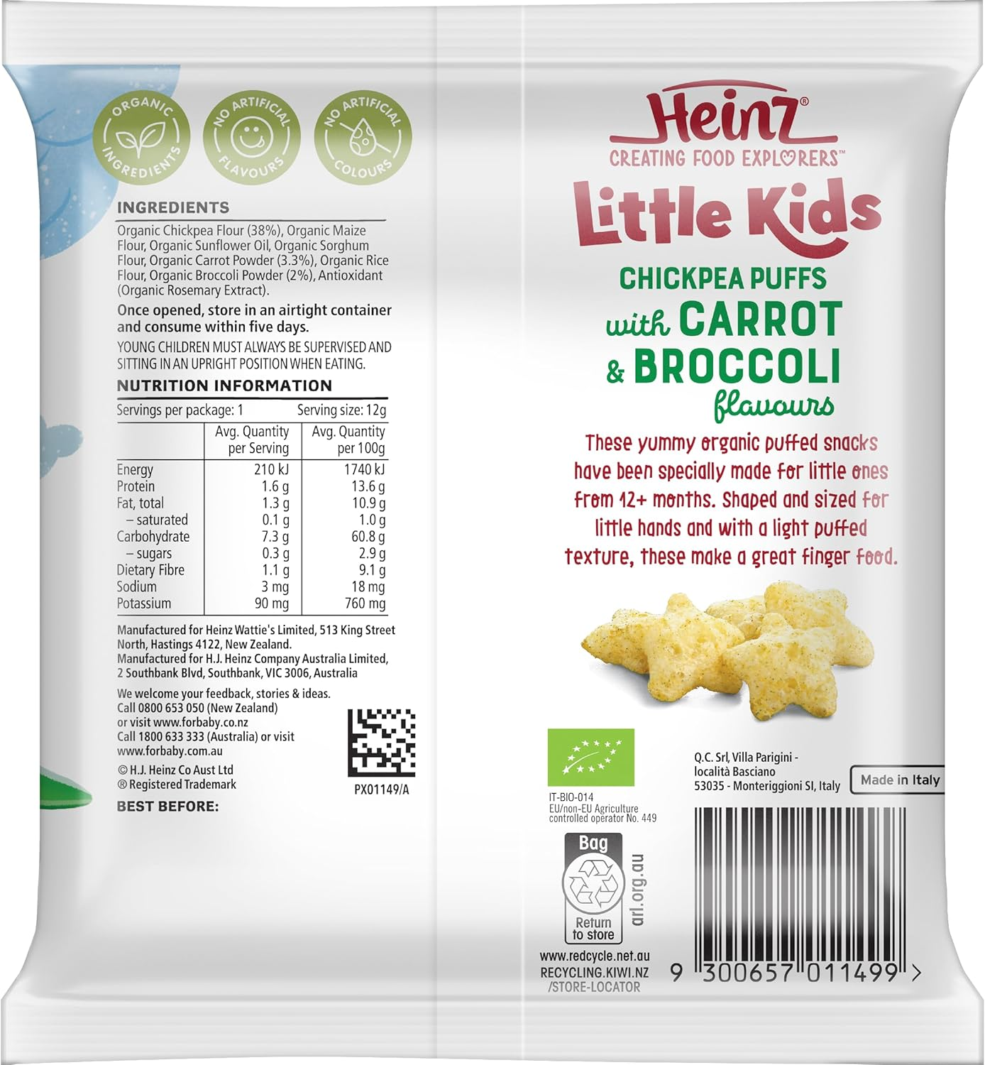 Heinz Chickpea Puffs Snack Chickpea with Carrot and Brocoli Heinz Little Kids Heinz for Baby Snacking 12G (Pack of 6) image number 1