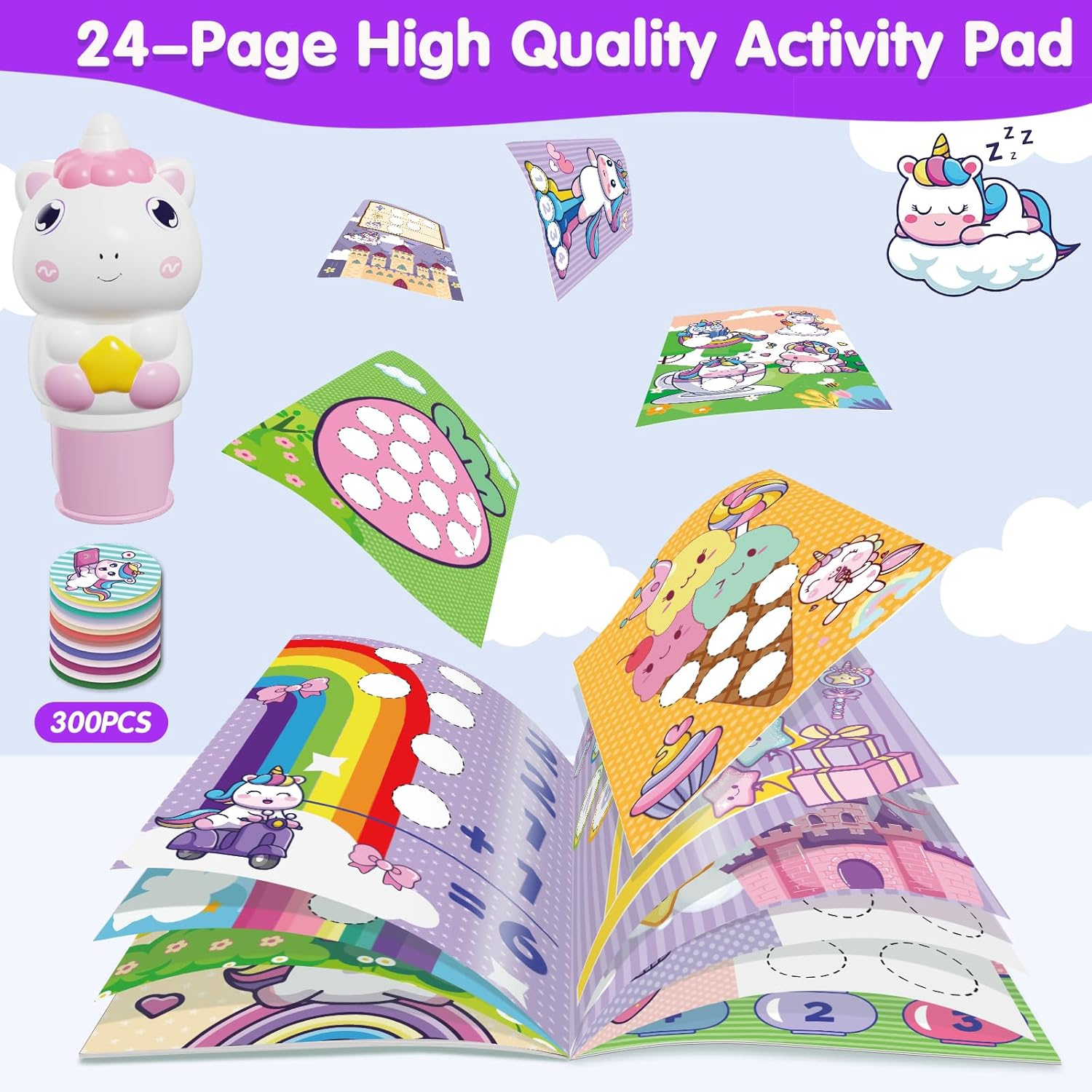 Sticker Stamper Unicorn Toys for Girls 3 4 5 6, 24-Page Activity Pad and 300 Stickers,Arts and Crafts Fidget Toy, Sticker Books Travel Toy for Toddler 3+