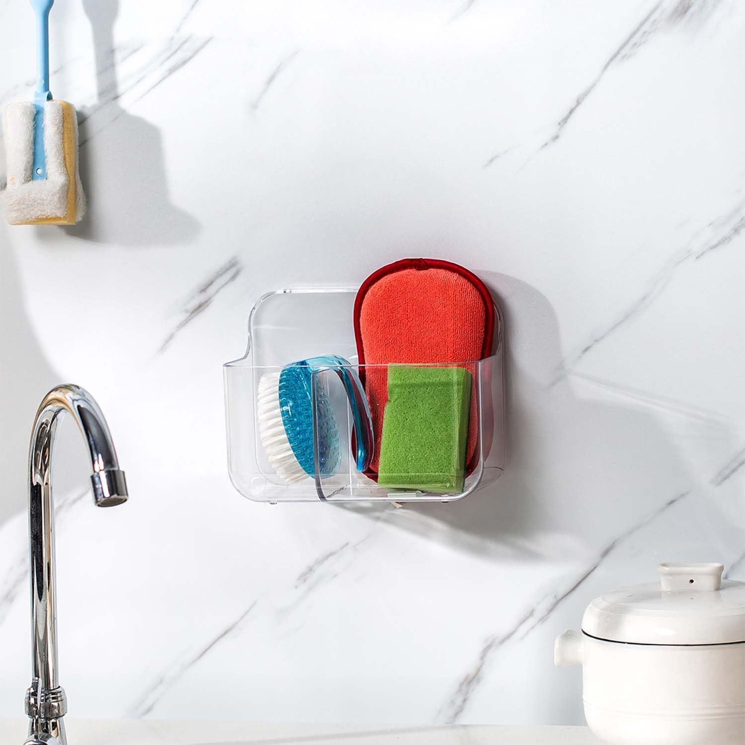 Small Adhesive Acrylic Wall Basket - Waterproof Wall Mount Caddy for inside Cabinet Door Storage - Ideal Kitchen Cabinet Door Organizer image number 1