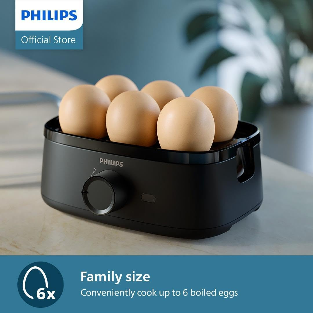 Philips Egg Cooker 3000 Series, Family Size up to 6 Eggs (Soft, Medium, Hard, Poached), Easy to Clean, Poached Tray & Egg Piercer Accessory, 400W Power, Compact Design (HD9137/90)