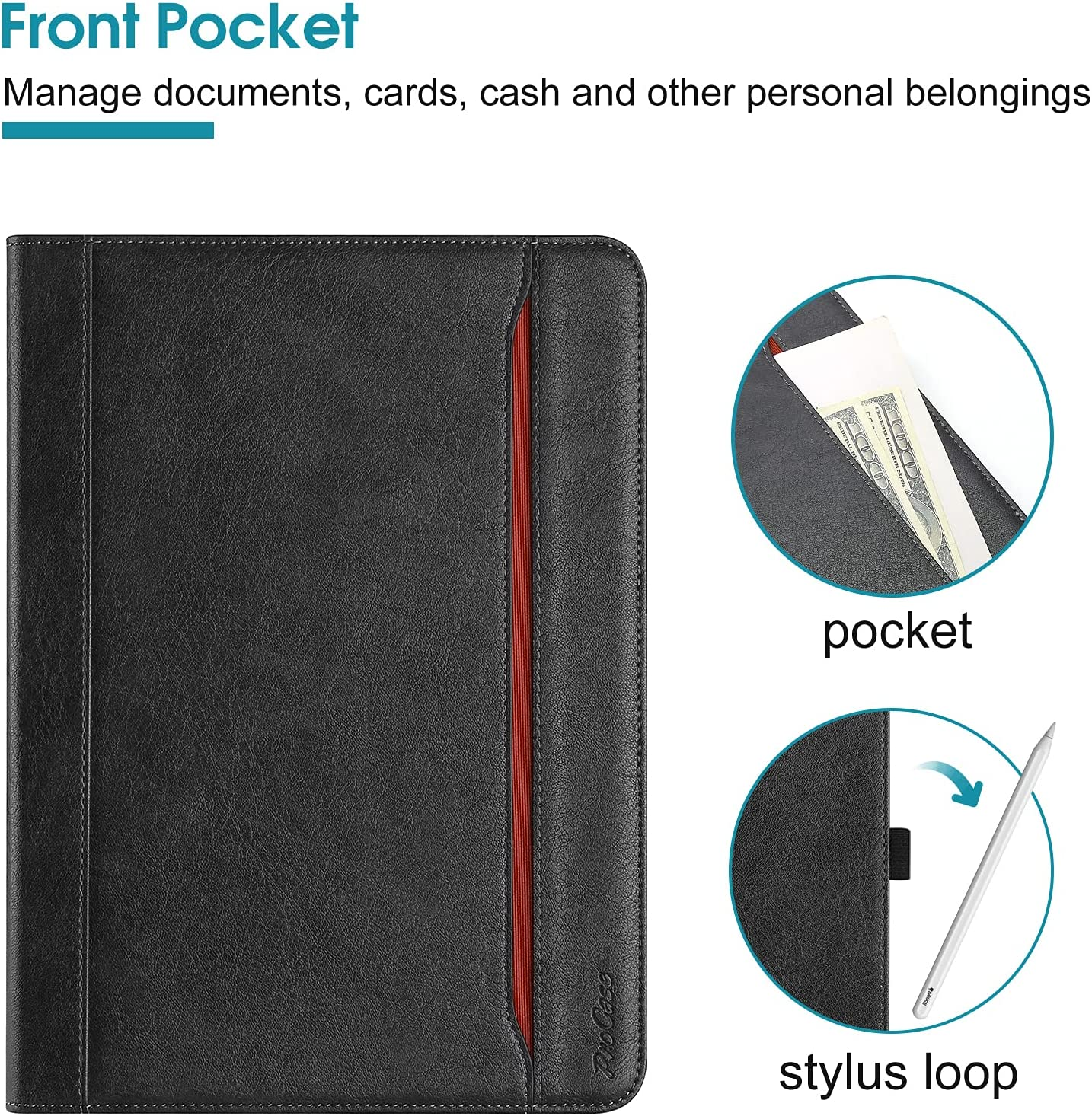 Procase Ipad Pro 12.9 Inch Case 2022 2021 2020 2018, Leather Stand Folio Protective Cover Case with Pencil Holder for Ipad Pro 12.9" 6Th Gen 2022 / 5Th Gen 2021 / 4Th Gen 2020 / 3Rd Gen 2018 -Black image number 3