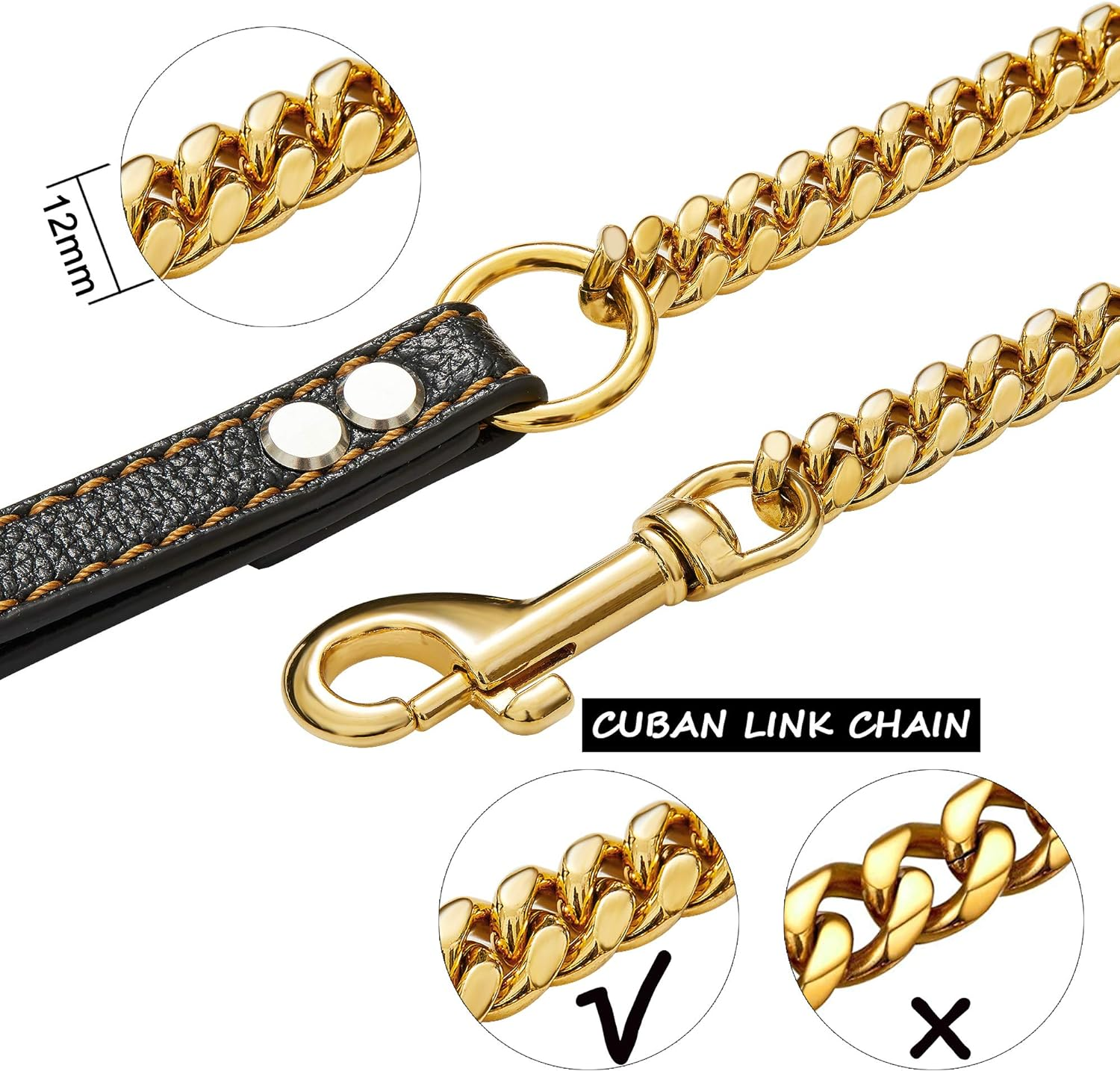PRADOG Chain Dog Leash Metal Chew Proof 12MM Heavy Duty Pet Leash Chain with Leather Padded Handle for Large Medium Small Dogs(Total Length of 5Ft) image number 3