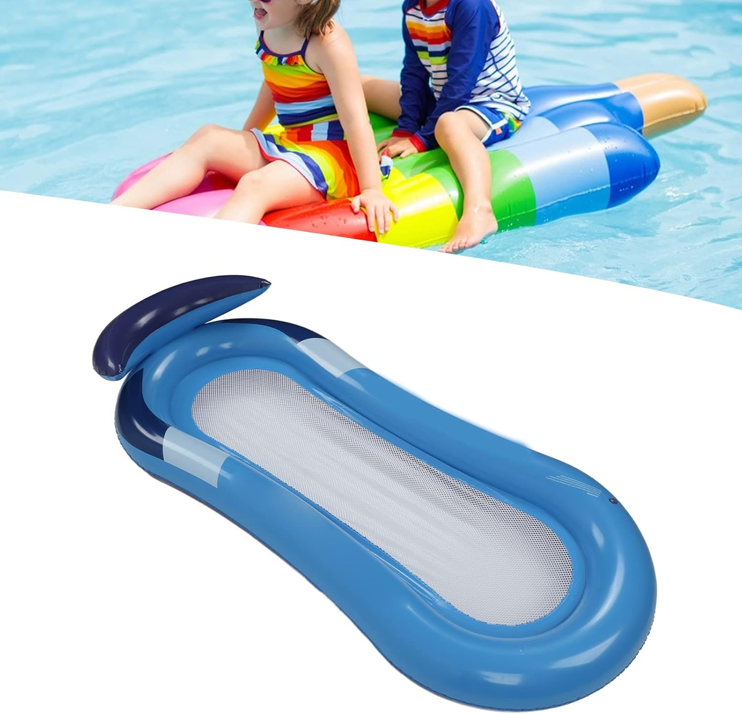 EVTSCAN 63"X31" Floating Pool Bed with Headrest, Foldable PVC Soft Mesh Inflatable Swimming Pool Loungers, Water Hammock for Adults, Kids Pool Lake Beach Pond River Island image number 1