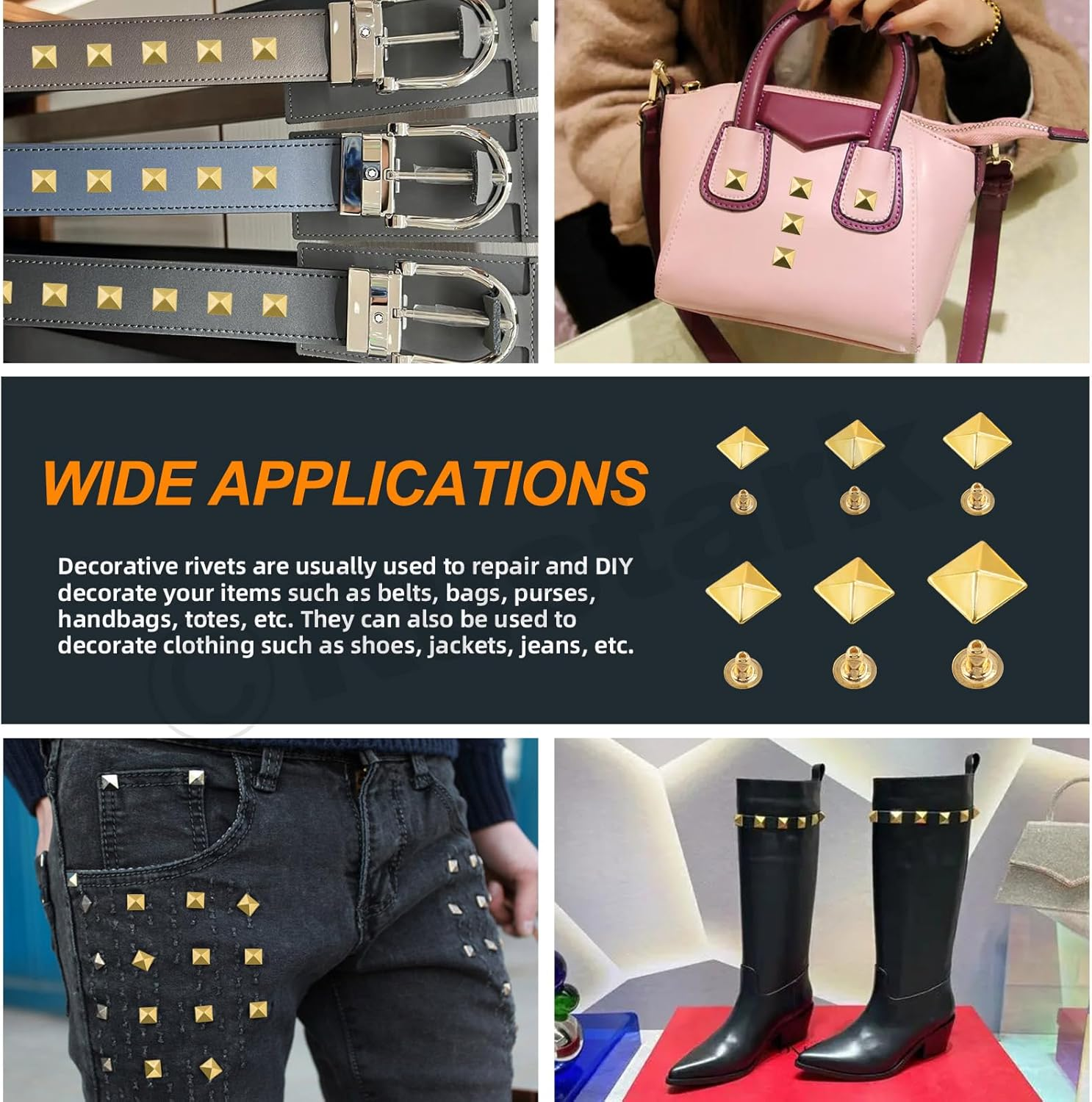 Rustark 150 Sets 6 Sizes 6Mm 7Mm 8Mm 9Mm 10Mm 12Mm Silver Pyramid Rivet Square Leather Rivets Kit Metal Studs Pyramid Rapid Rivet Studs Assortment Kit for DIY Leather Craft Decorations image number 1