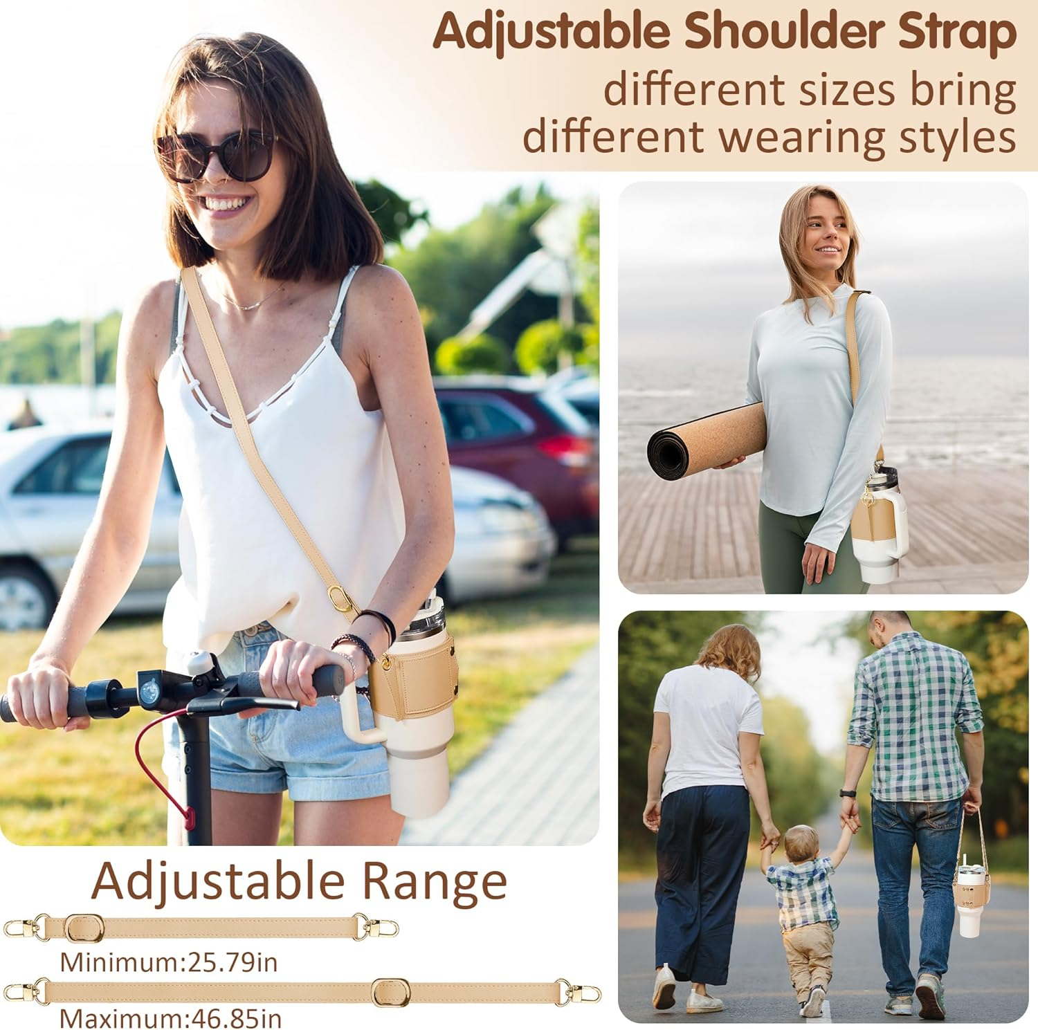 Water Bottle Holder - Carrier Strap for Stanley 40 Oz & 30 Oz Tumbler with Handle, for Stanley Cup Accessories, Adjustable Strap, Credit Card Holder, Keyring, Straw Cover (Khaki) - Black image number 4