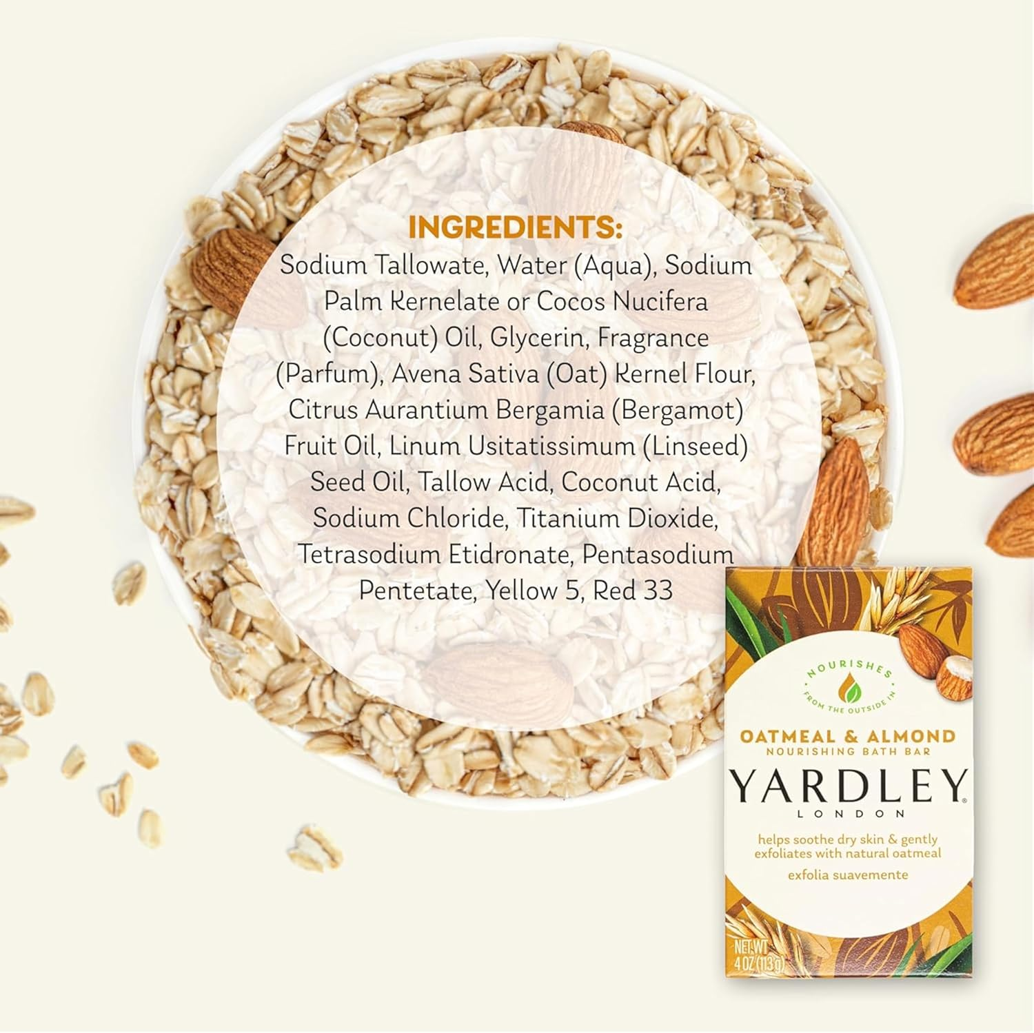 Yardley London Moisturizing Bar Oatmeal & Almond with Natural Oats 4.25 Oz (Pack of 5) image number 1