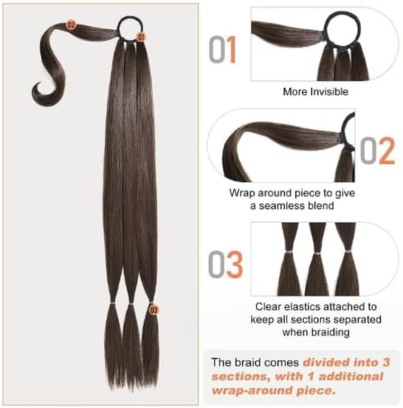 32 Inch Long Braided Ponytail Extension with Hair Tie Straight Wrap around Hair Extensions Ponytail Natural Soft Synthetic Hair Piece for Women Girls Daily Wear (Black)