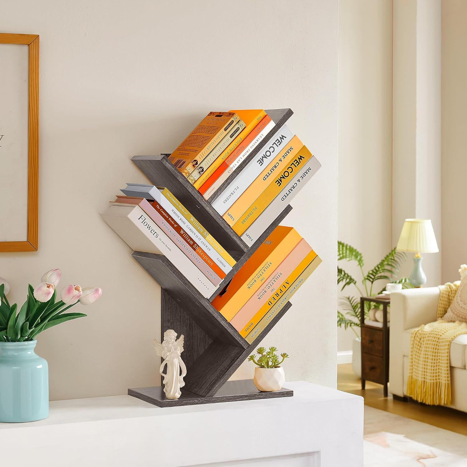 Hoctieon 4 Tier Tree Bookshelf, 4 Shelf Bookcase, Free Standing Tree Bookcase, Display Floor Standing Shelf for Books, Book Organizer Shelves for Home Office, Living Room, Bedroom, Grey image number 2